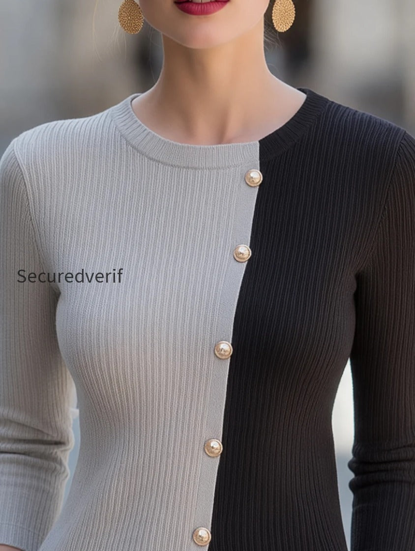 colorblock-asymmetric-button-front-ribbed-knit-top