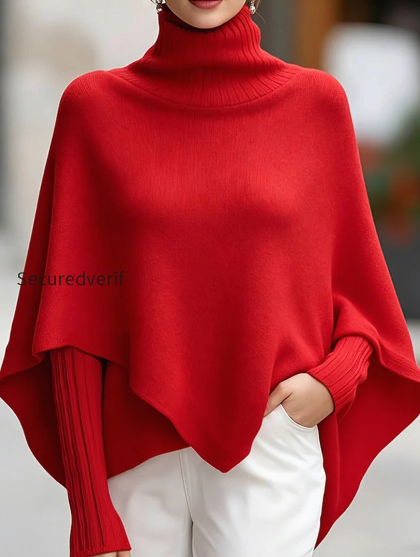 turtleneck-asymmetrical-knit-poncho-sweater